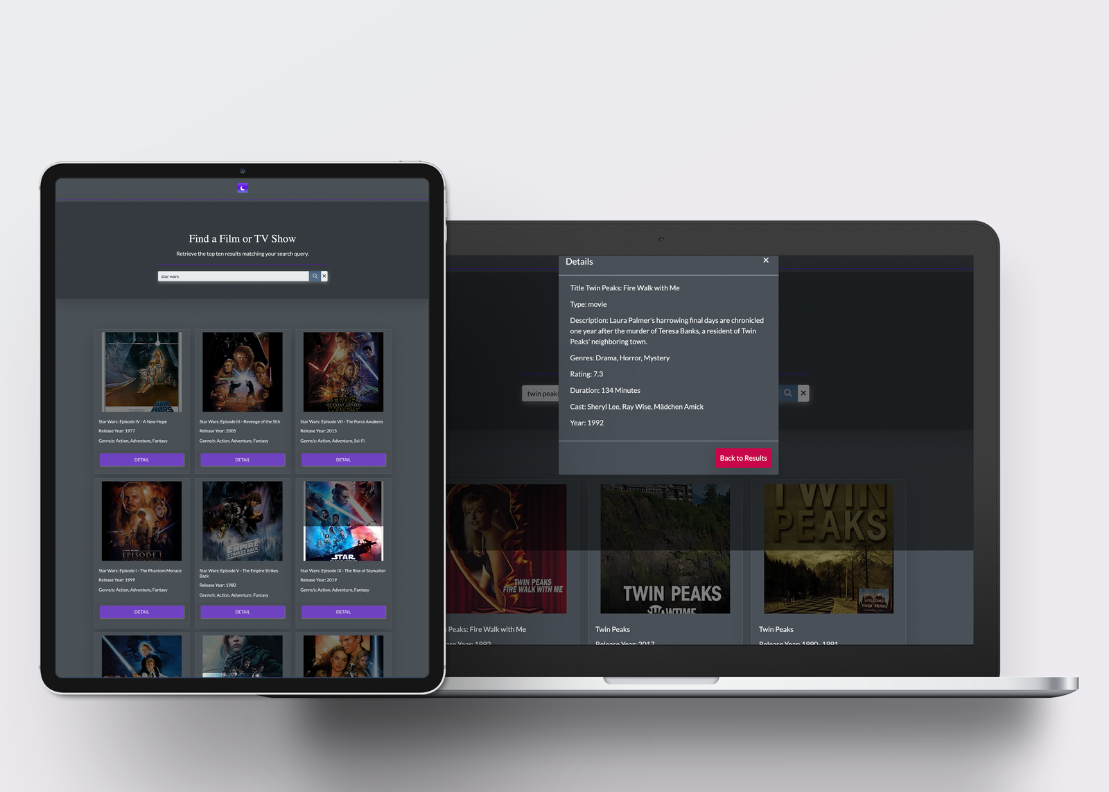 Using an API called OMDB API(Open Movie Database), a RESTful web service to retrieve movie or series information, I built a small app to display movie or series information. I used JavaScript, Jquery, Bootstrap, and CSS. Dark and light mode is incorporated to provide greater personalization.